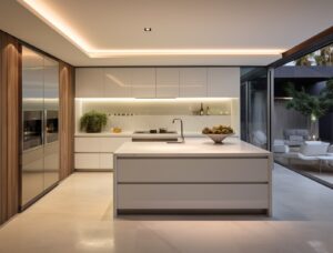 Contemporary luxury kitchen with minimalist white cabinetry, marble island, integrated lighting, and floor-to-ceiling glass doors opening to a stylish outdoor lounge – Euro Homes Interior Ghana