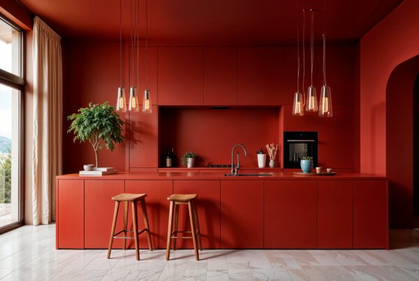 Vibrant red modern kitchen interior featuring matte red cabinetry, elegant hanging pendant lights, wooden stools, and indoor greenery – premium Euro Homes Interior design in Ghana