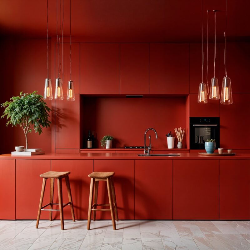 Vibrant red modern kitchen interior featuring matte red cabinetry, elegant hanging pendant lights, wooden stools, and indoor greenery – premium Euro Homes Interior design in Ghana