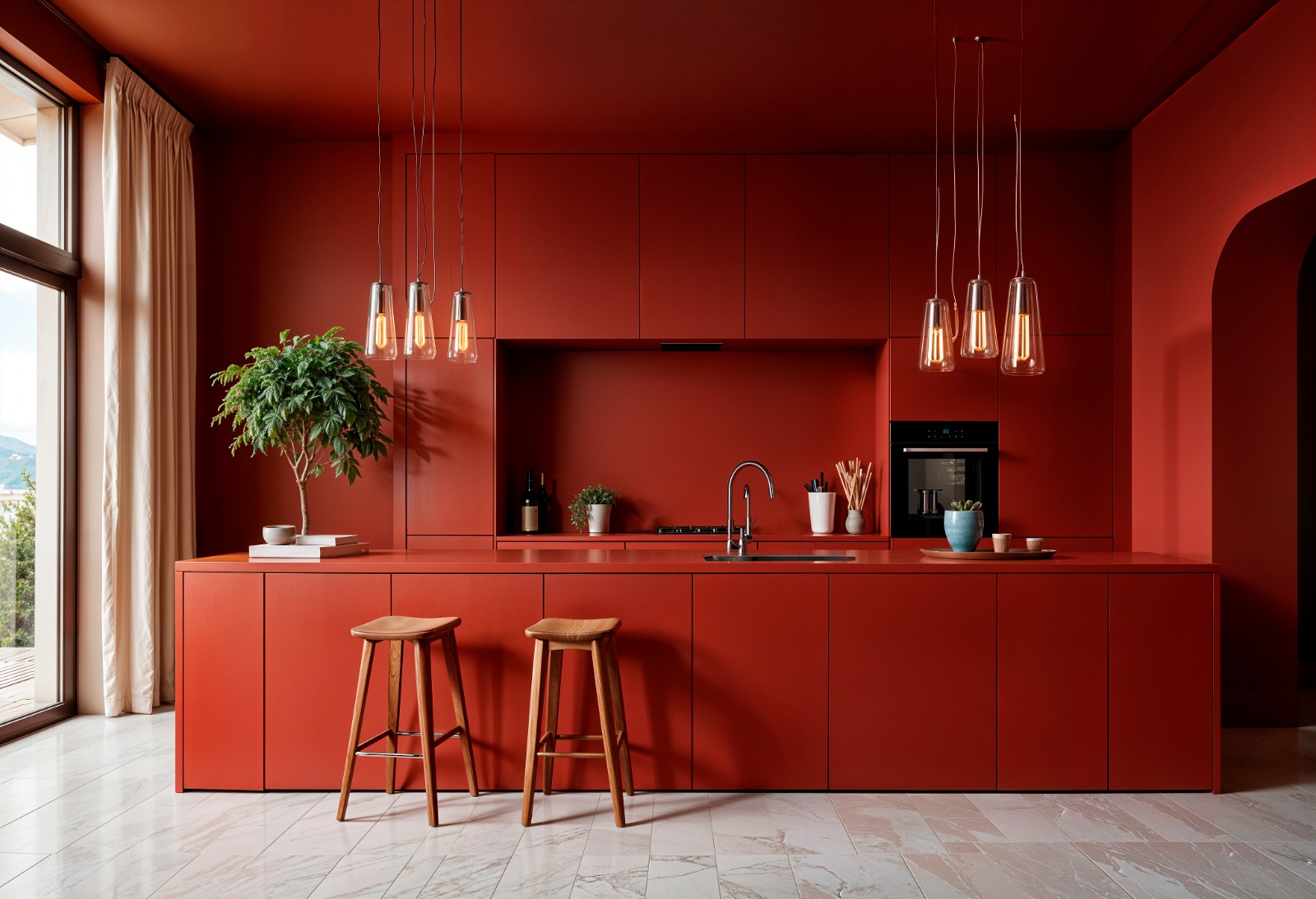 Vibrant red modern kitchen interior featuring matte red cabinetry, elegant hanging pendant lights, wooden stools, and indoor greenery – premium Euro Homes Interior design in Ghana