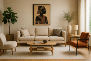 A luxury living room interior in Ghana blending modern European design elements with traditional Ghanaian art, showcasing elegant furniture, soft neutral tones, natural light, and indoor greenery. High-end, inspirational, and culturally rich design.