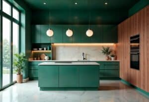 Custom kitchen with green cabinets, marble backsplash, wood panel wall, white countertop island, and pendant lights in a modern Ghanaian home.