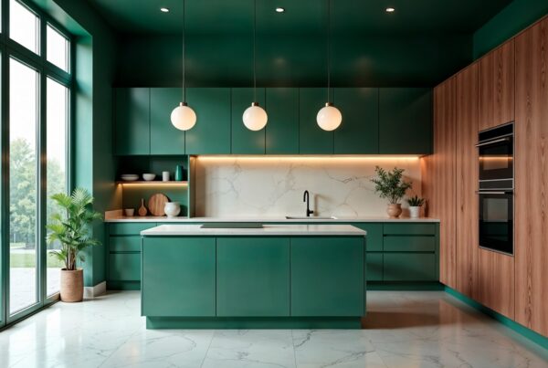Custom kitchen with green cabinets, marble backsplash, wood panel wall, white countertop island, and pendant lights in a modern Ghanaian home.