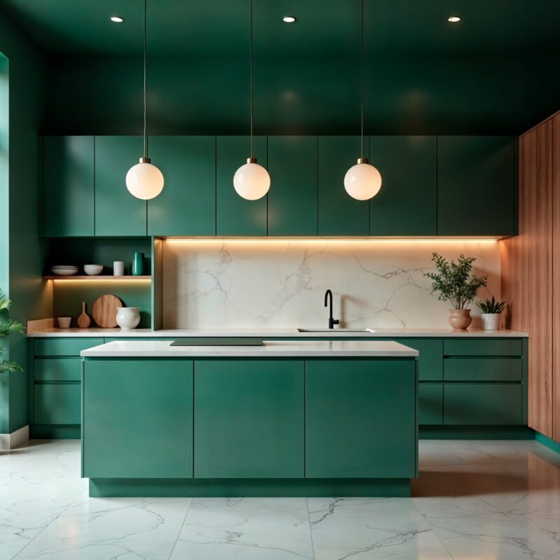 Custom kitchen with green cabinets, marble backsplash, wood panel wall, white countertop island, and pendant lights in a modern Ghanaian home.