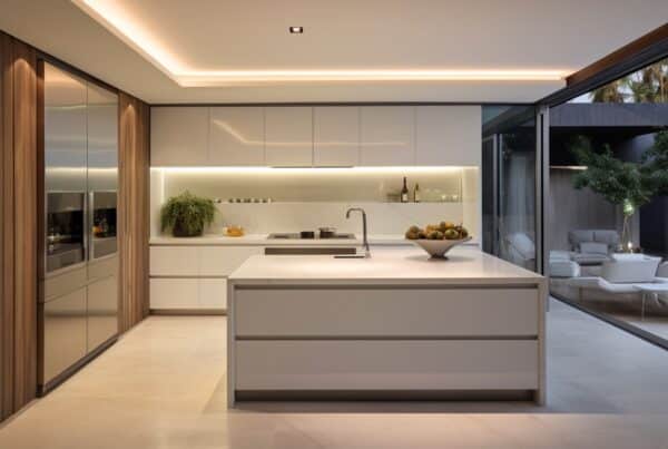 Modern L-shape kitchen with white cabinets, marble countertops, and open-plan dining area