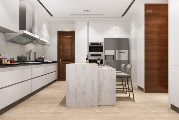 Modern custom kitchen with white high-gloss cabinets, marble island, built-in stainless steel appliances, wooden accents, and minimalist bar seating—designed for functionality and elegance
