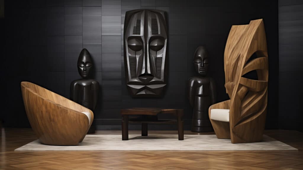 Interior design and personality with handcrafted wooden chairs, tribal art, and modern decor.