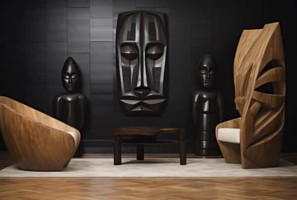 Interior design and personality with handcrafted wooden chairs, tribal art, and modern decor.