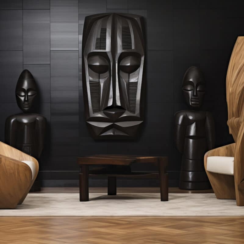 Interior design and personality with handcrafted wooden chairs, tribal art, and modern decor.