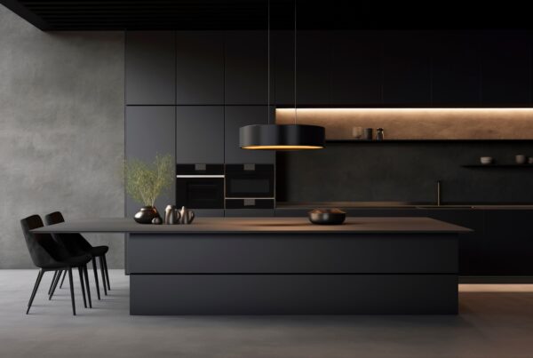 Minimalist custom kitchen cabinets interior with sleek black cabinetry, a central island with modern pendant lighting, built-in appliances, and soft under-cabinet lighting, creating a contemporary and elegant design.