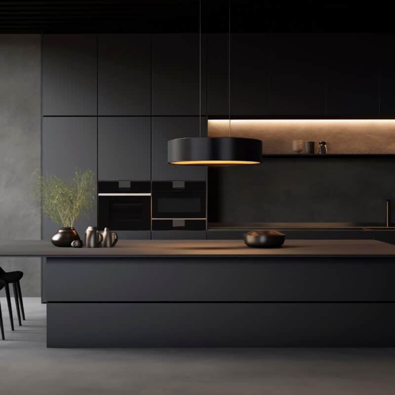 Minimalist custom kitchen cabinets interior with sleek black cabinetry, a central island with modern pendant lighting, built-in appliances, and soft under-cabinet lighting, creating a contemporary and elegant design.