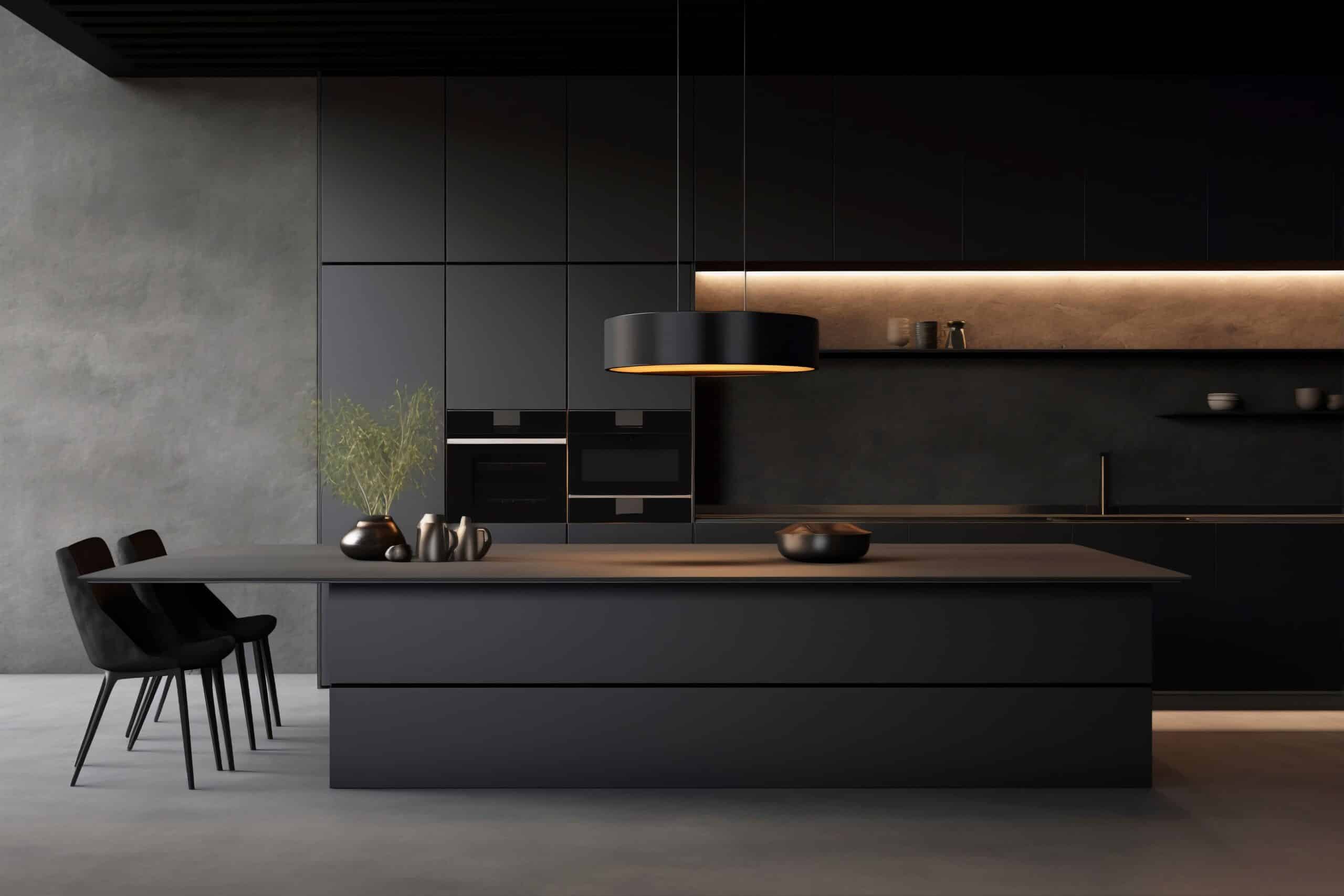 Minimalist custom kitchen cabinets interior with sleek black cabinetry, a central island with modern pendant lighting, built-in appliances, and soft under-cabinet lighting, creating a contemporary and elegant design.